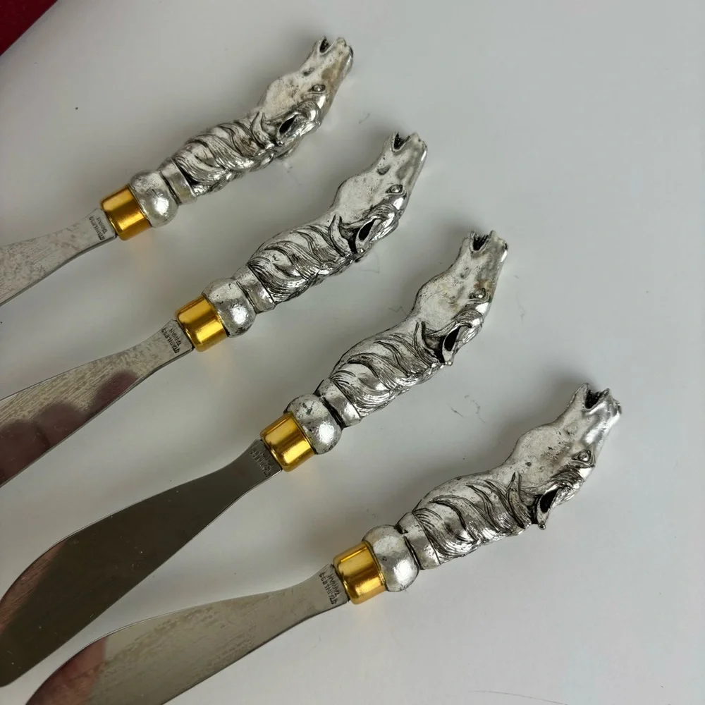 Vintage Horse Head Cheese Spreader Knives/Arthur Court Flatware Box-Set of 4
